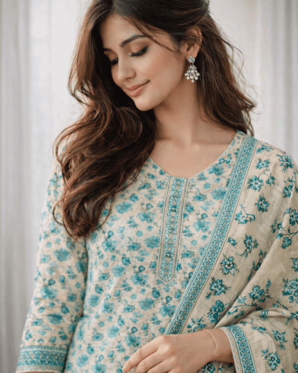 beige cotton teal floral printed kurta pant set with dupatta