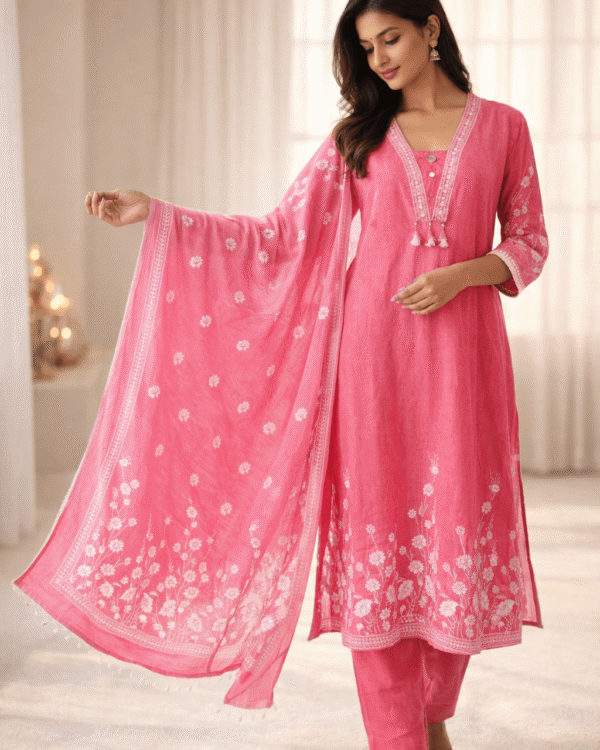 pink cotton kurta pant set with white floral printed dupatta
