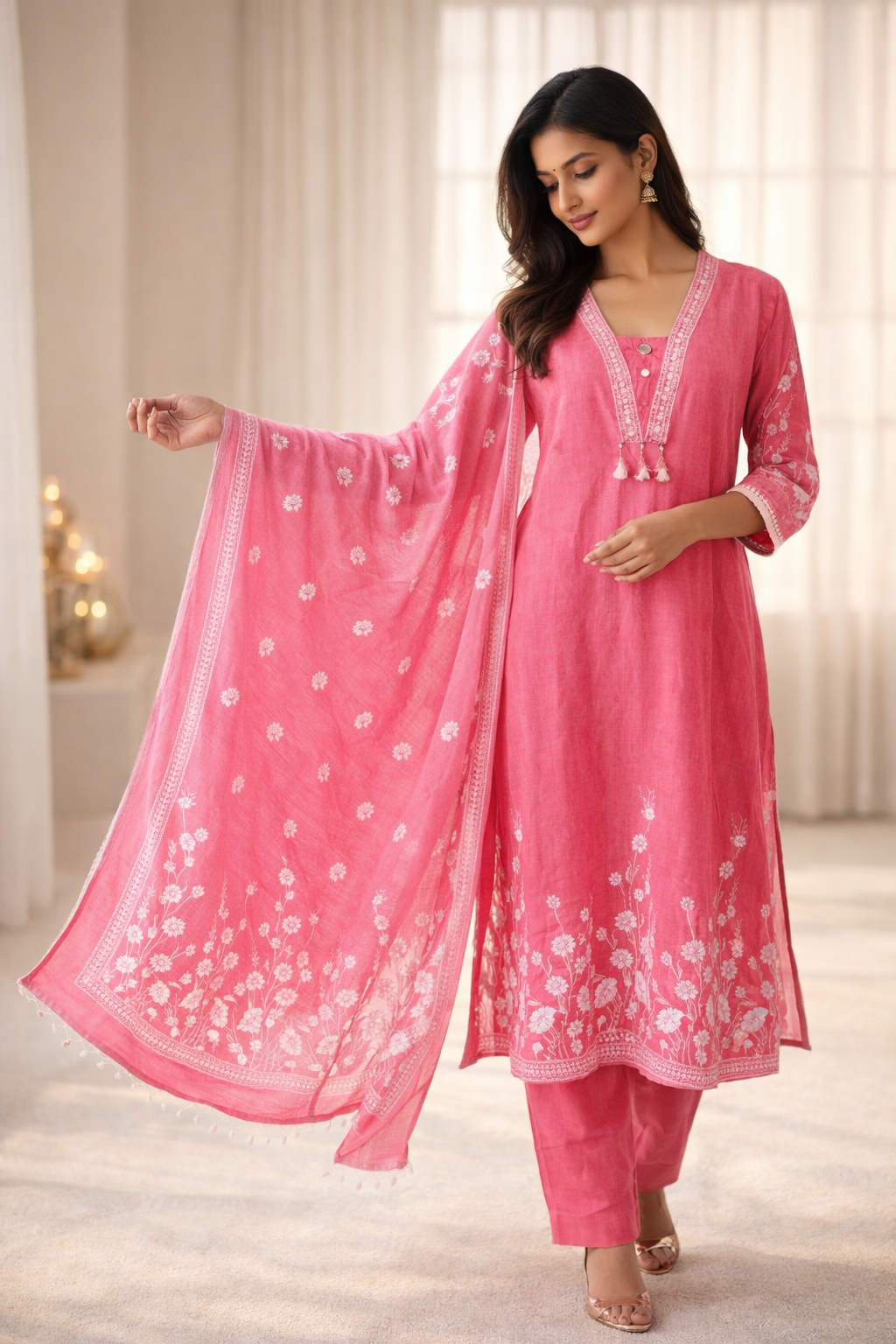 pink cotton kurta pant set with white floral printed dupatta