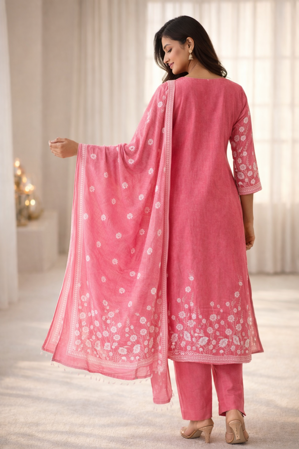 pink cotton kurta pant set with white floral printed dupatta
