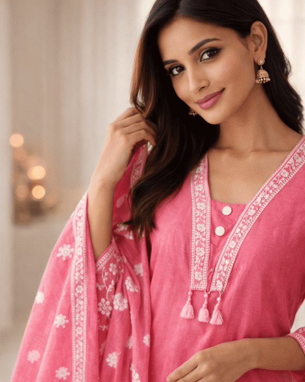 pink cotton kurta pant set with white floral printed dupatta