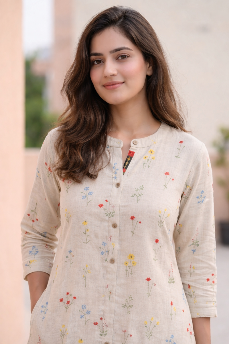 off white multicolor floral embroidery cotton kurta