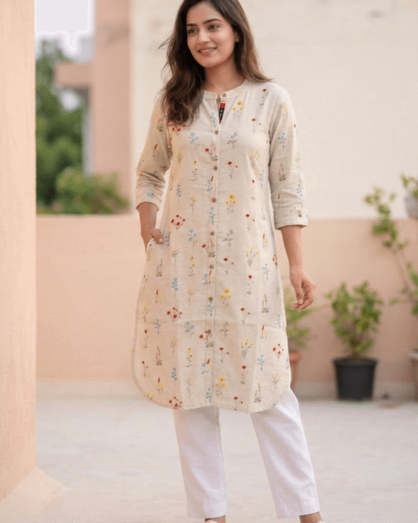off white multicolour floral embroidery cotton kurta