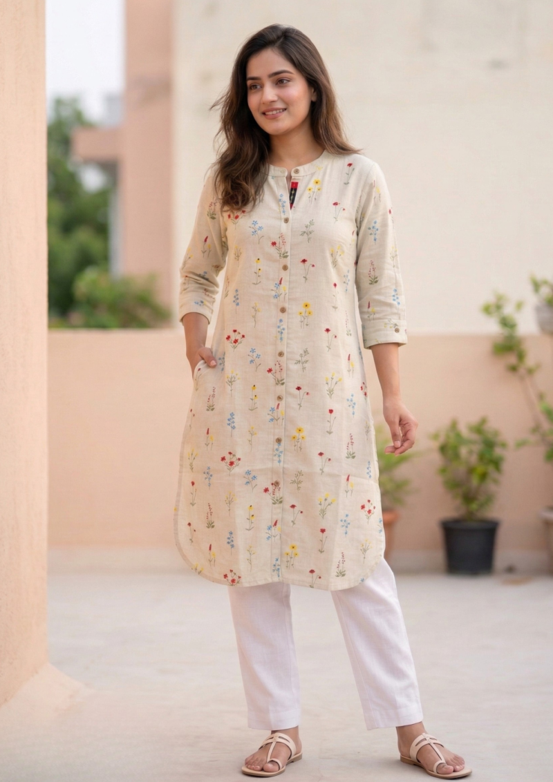 off white multicolour floral embroidery cotton kurta