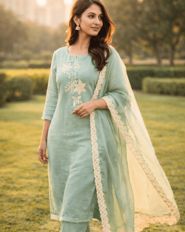 unstitched aqua green embroidered cotton suit with dupatta