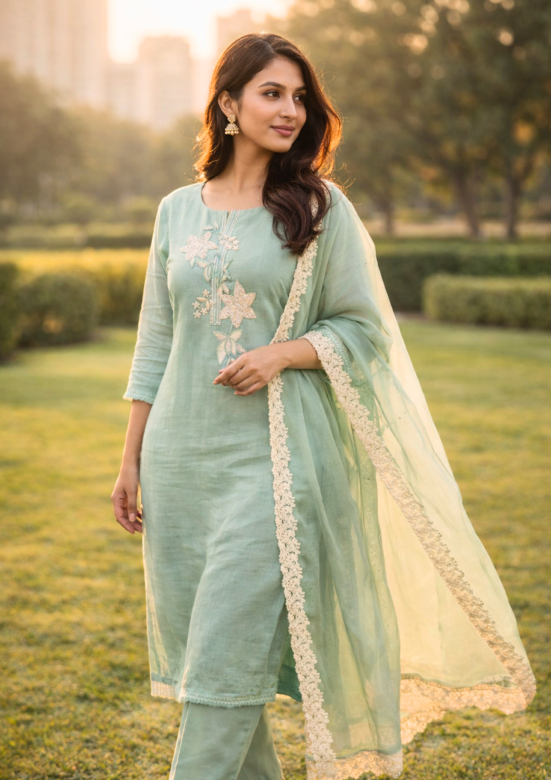 unstitched aqua green embroidered cotton suit with dupatta