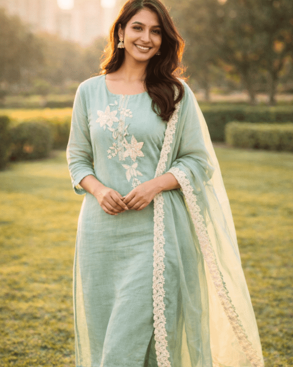 unstitched aqua green embroidered cotton suit with dupatta