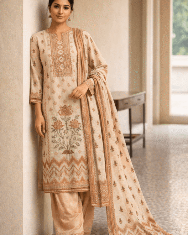 unstitched brown printed cotton suit with dupatta