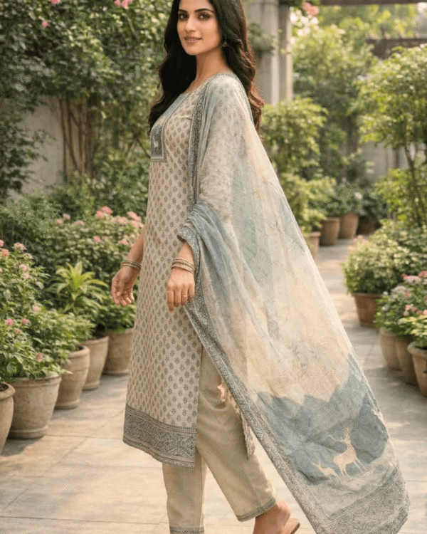 unstitched offwhite with pink print cotton suit set with dupatta