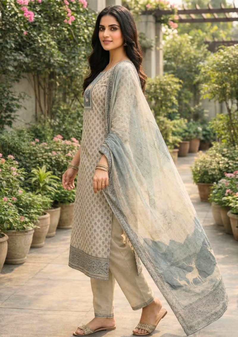 unstitched offwhite with pink print cotton suit set with dupatta