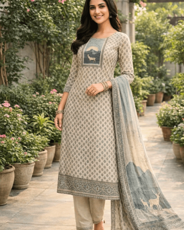 unstitched offwhite with pink print cotton suit set with dupatta