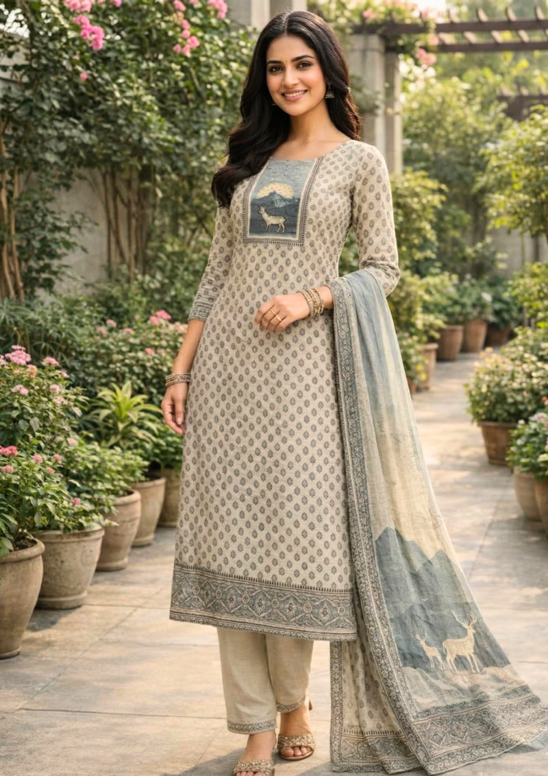 unstitched offwhite with pink print cotton suit set with dupatta