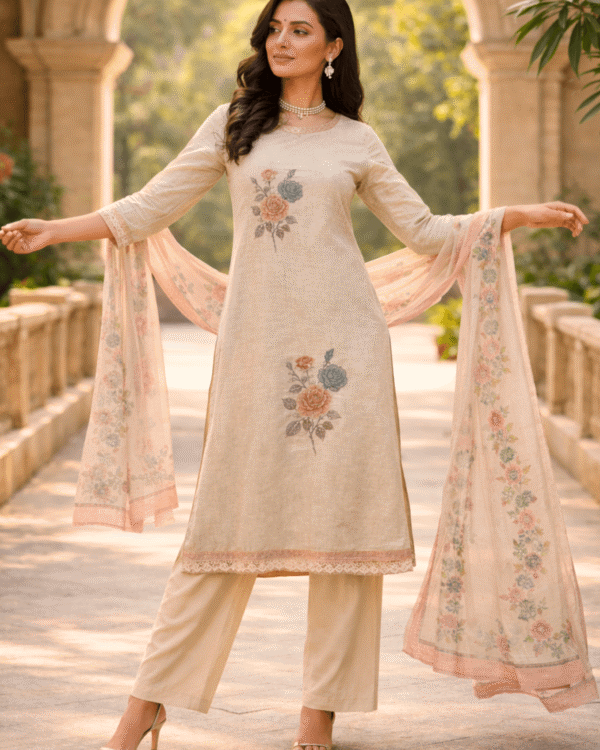 unstitched cream cotton floral printed suit set with dupatta