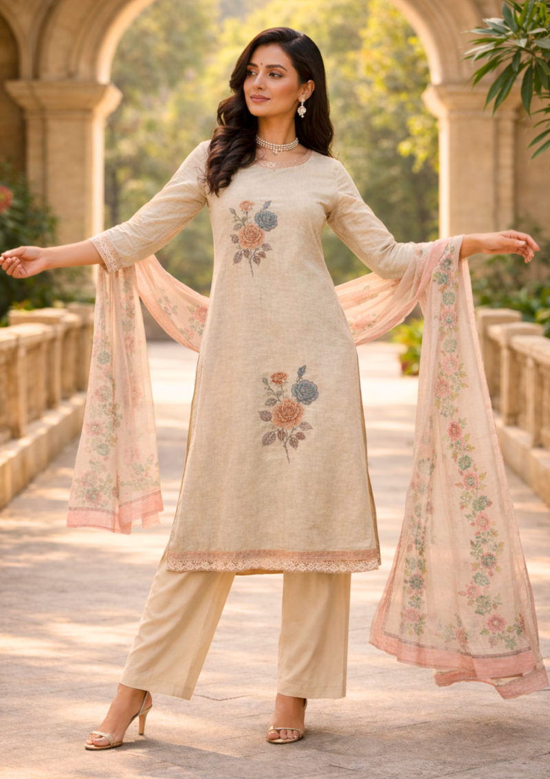 unstitched cream cotton floral printed suit set with dupatta