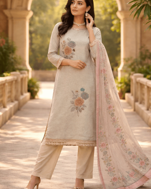 unstitched cream cotton floral printed suit set with dupatta