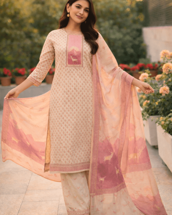 unstitched offwhite with pink print cotton suit set with dupatta