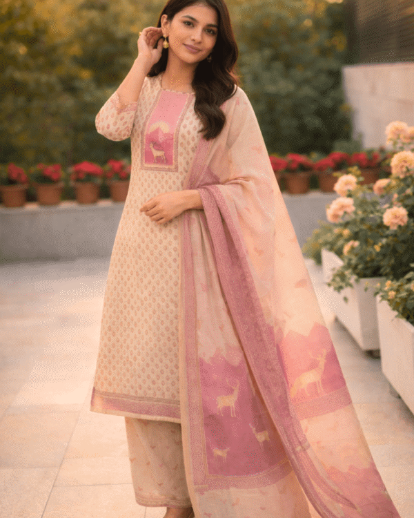 unstitched offwhite with pink print cotton suit set with dupatta