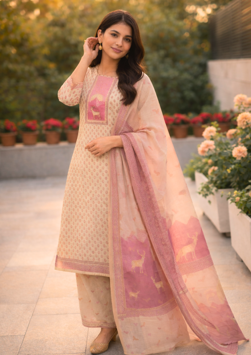 unstitched offwhite with pink print cotton suit set with dupatta