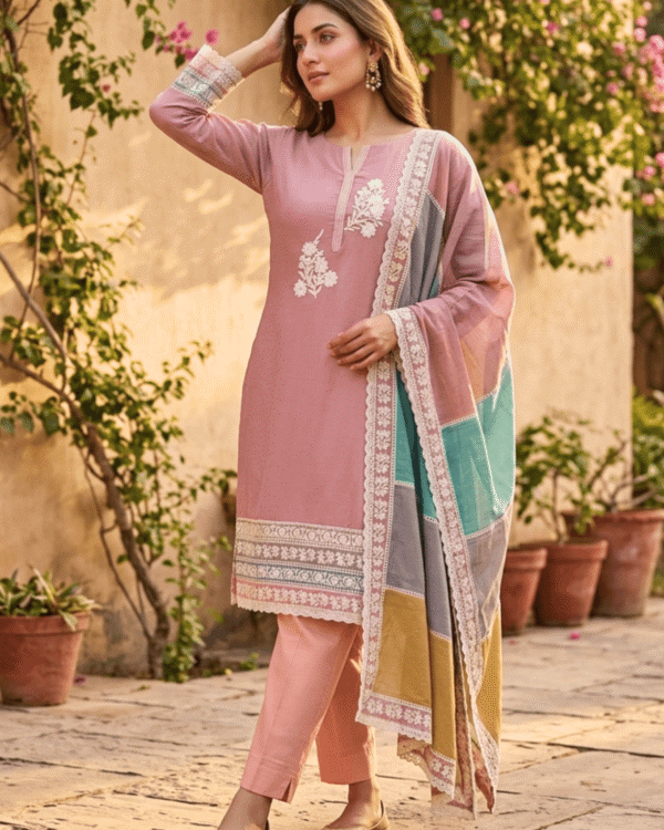 unstitched pastel pink embroidered cotton suit set with a contrasting dupatta