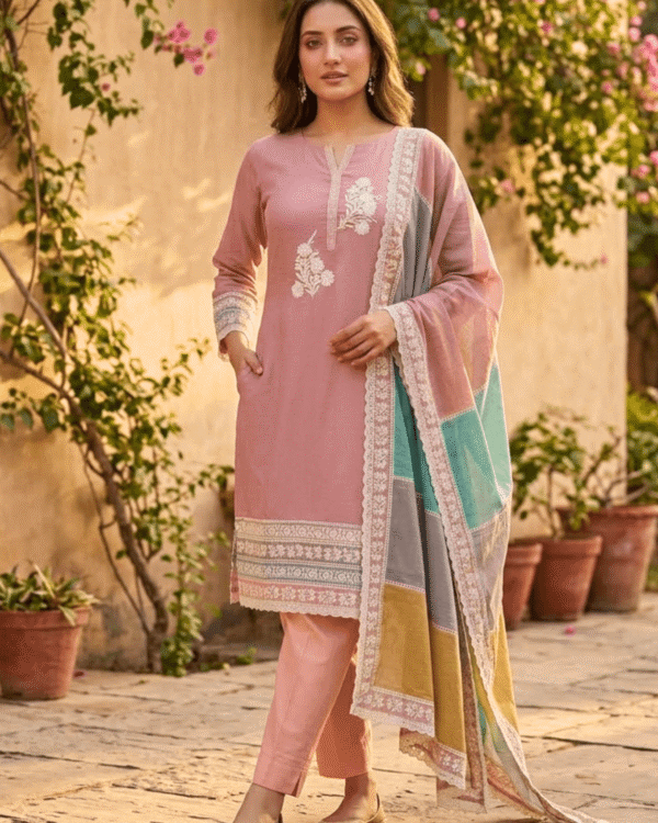 unstitched pastel pink embroidered cotton suit set with a contrasting dupatta