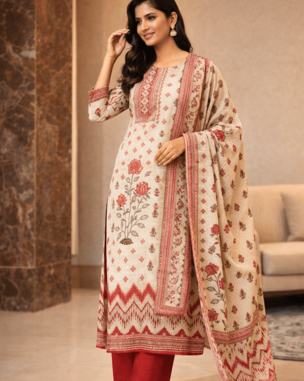 unstitched brown printed cotton suit with dupatta