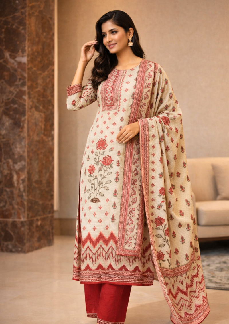 unstitched brown printed cotton suit with dupatta