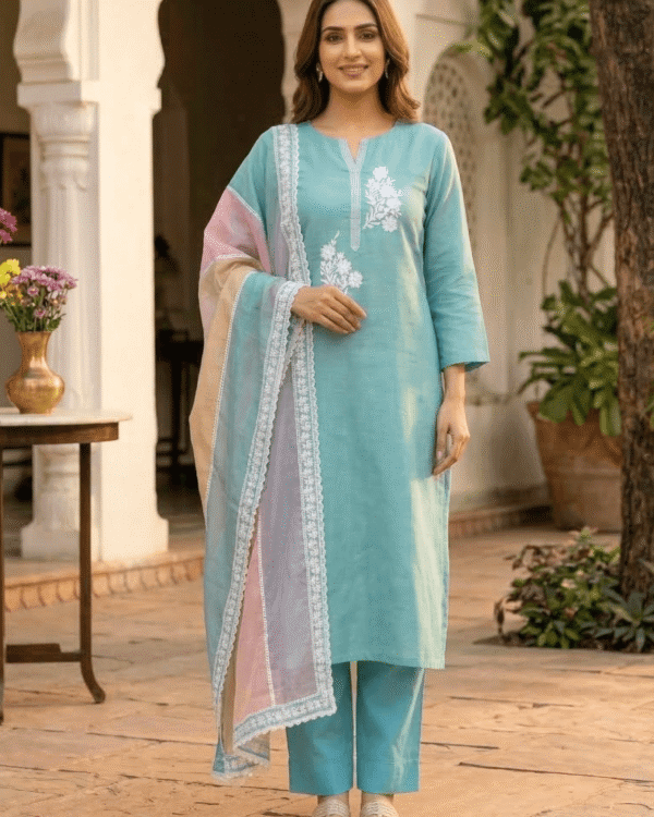 unstitched sea green embroidered cotton suit set with a contrasting dupatta