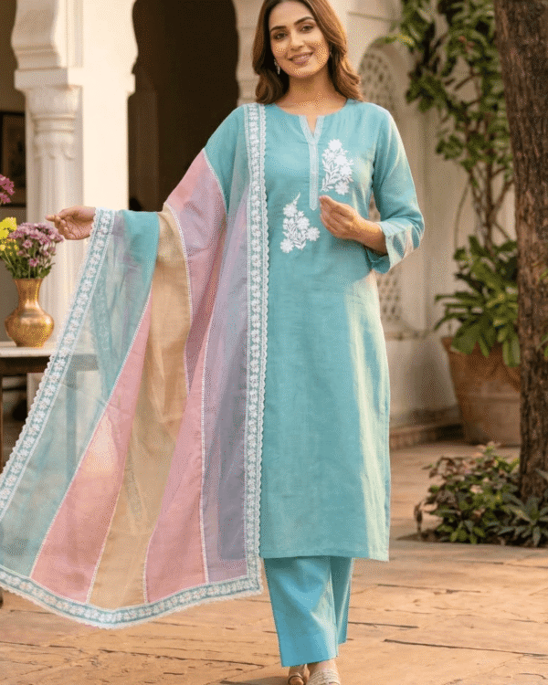 unstitched sea green embroidered cotton suit set with a contrasting dupatta