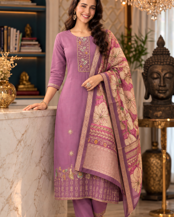 Lavender Cotton Blend Kurta Pant With Floral Printed Dupatta