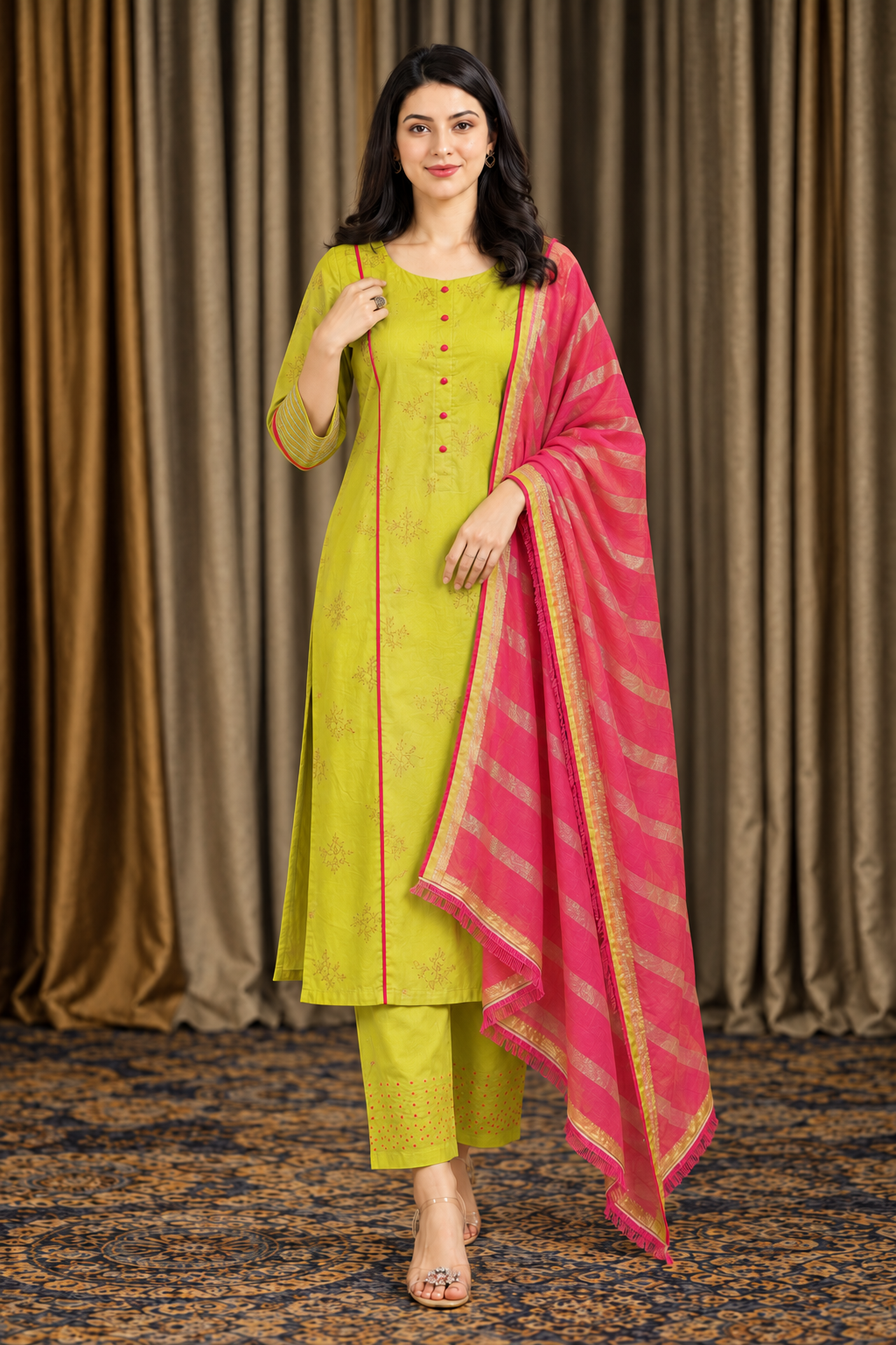 Lime green cotton embroidered kurta pant set with pink dupatta - Image 3