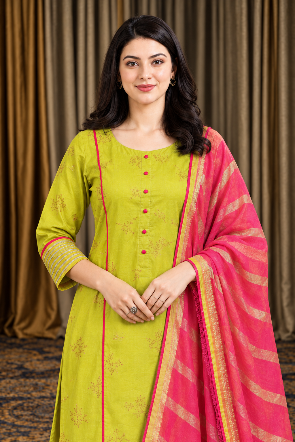 Lime green cotton embroidered kurta pant set with pink dupatta - Image 5