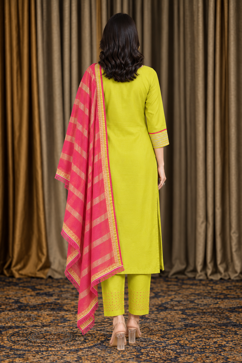 Lime green cotton embroidered kurta pant set with pink dupatta - Image 4