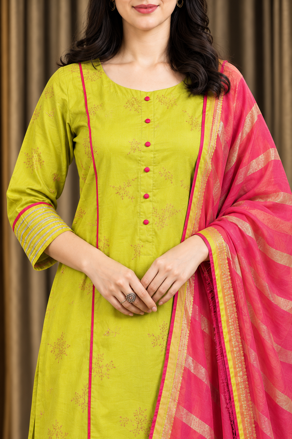Lime green cotton embroidered kurta pant set with pink dupatta - Image 6