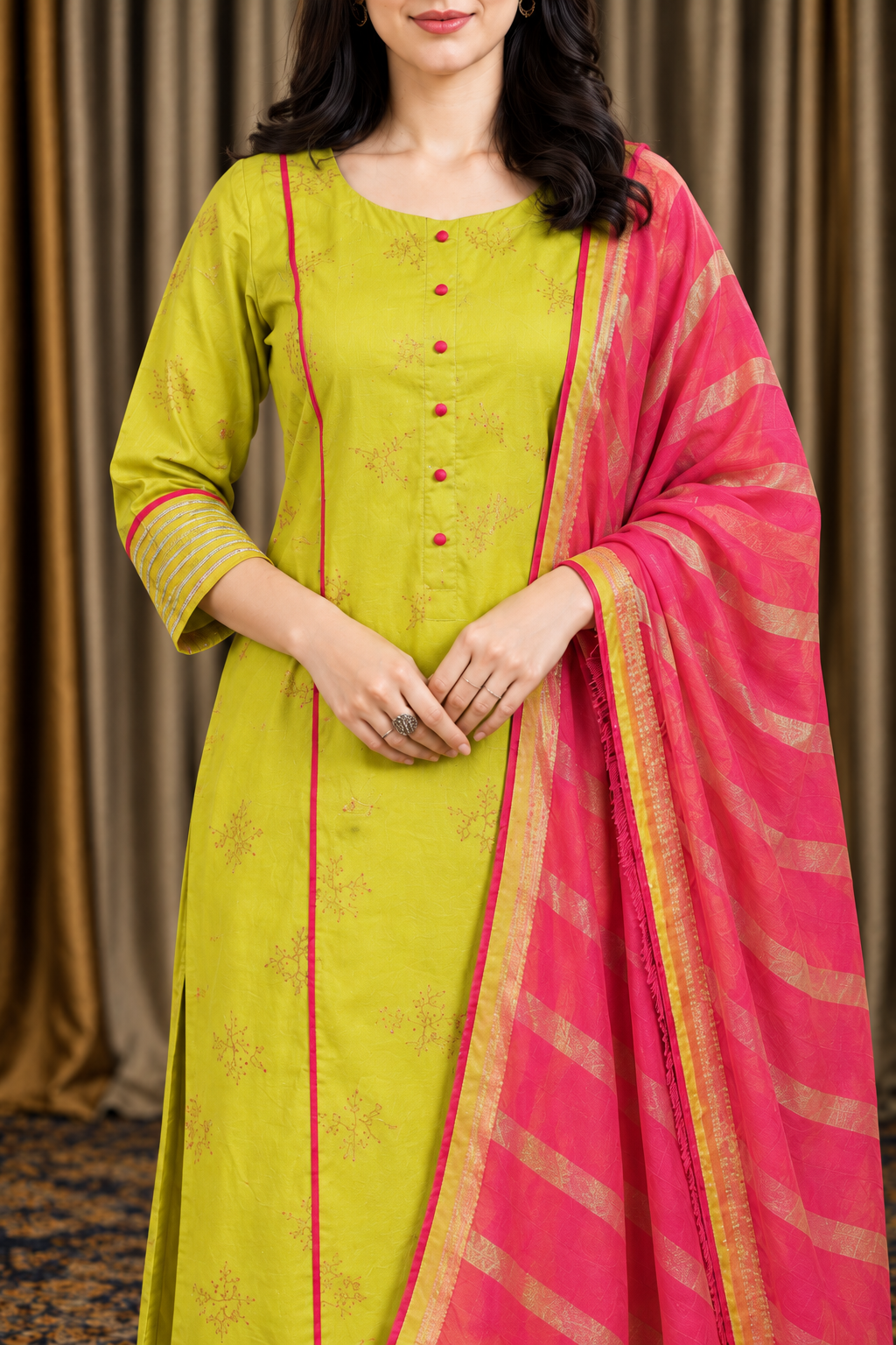 Lime green cotton embroidered kurta pant set with pink dupatta - Image 7