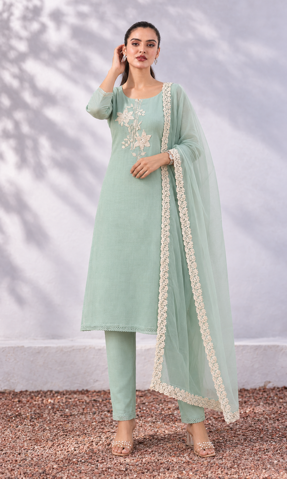 Unstitched aqua green embroidered cotton suit with dupatta - Image 3