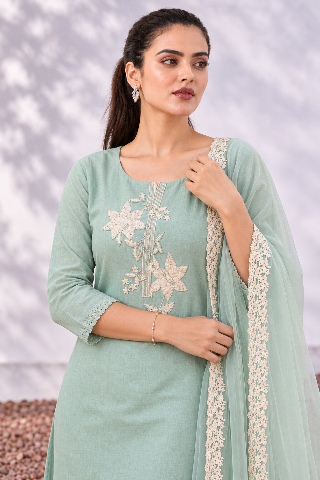 Unstitched aqua green embroidered cotton suit with dupatta - Image 4