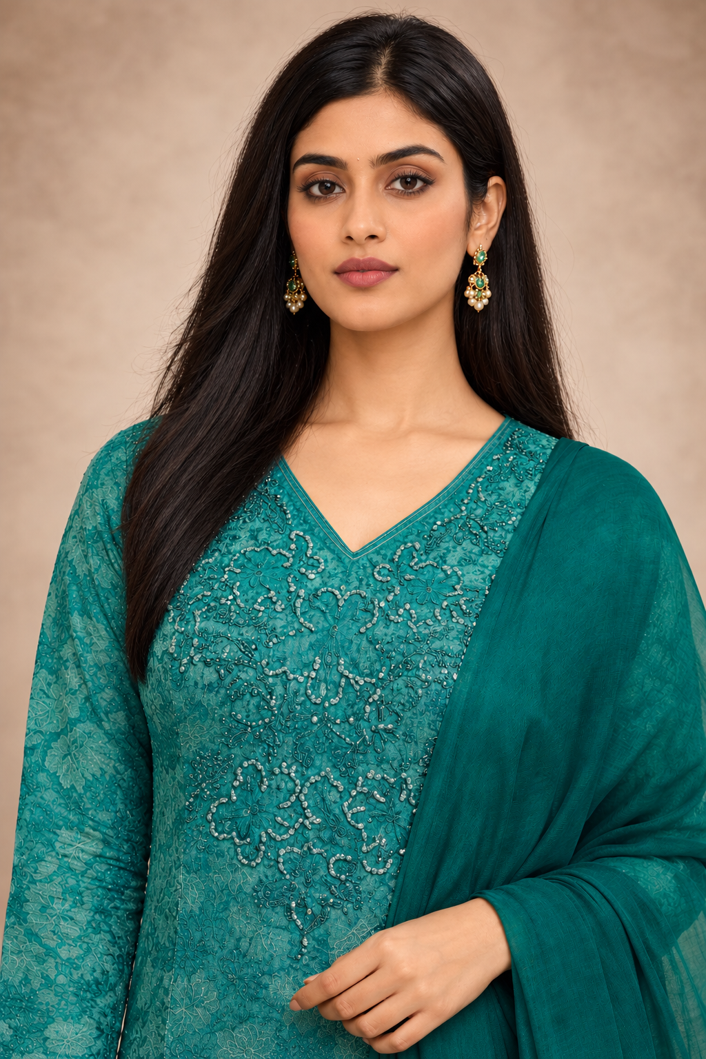 Teal green cotton kurta pant set with lightweight chiffon dupatta - Image 4