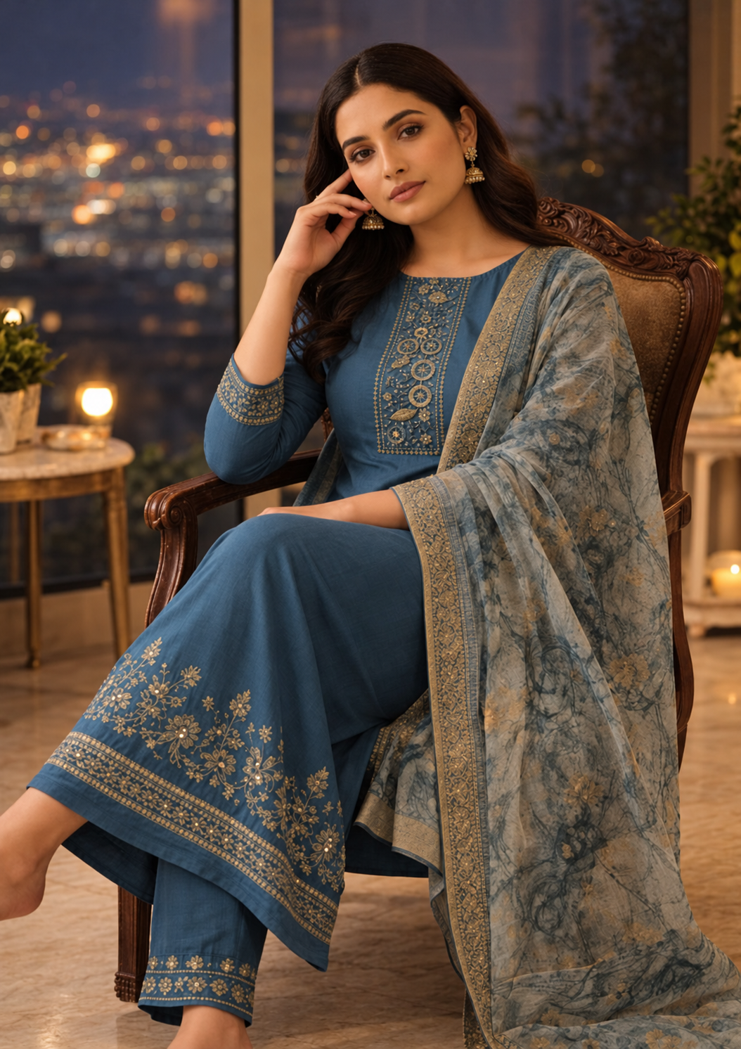 Dark Blue Cotton Blend Kurta Pant With Floral Printed Dupatta - Image 5