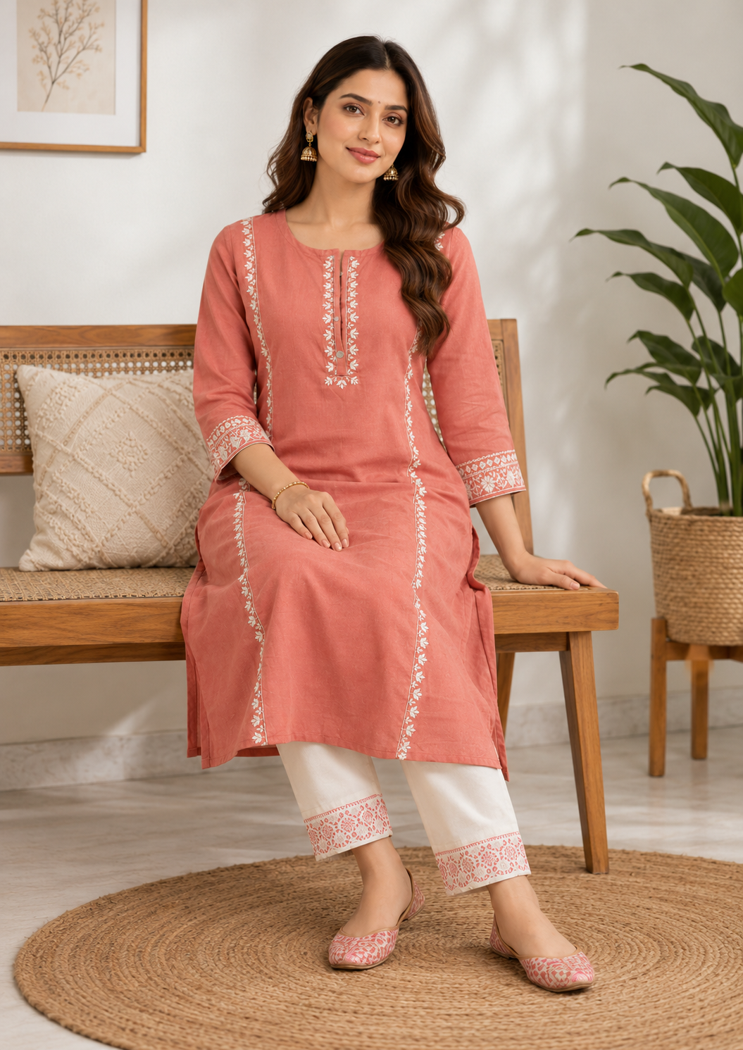 Peach cotton aari embroidered kurta with white cotton pant set - Image 4