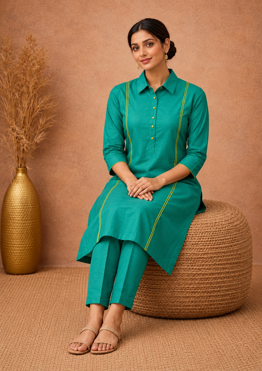 Teal linen with lime piping shirt collar kurta pant set - Image 5