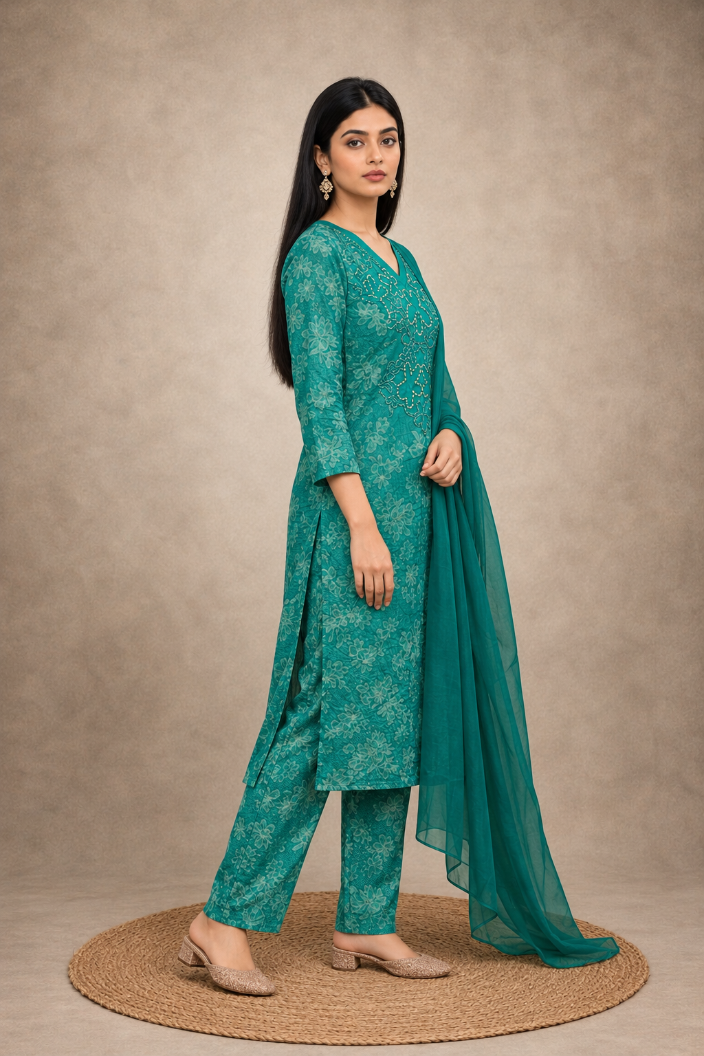 Teal green cotton kurta pant set with lightweight chiffon dupatta - Image 5