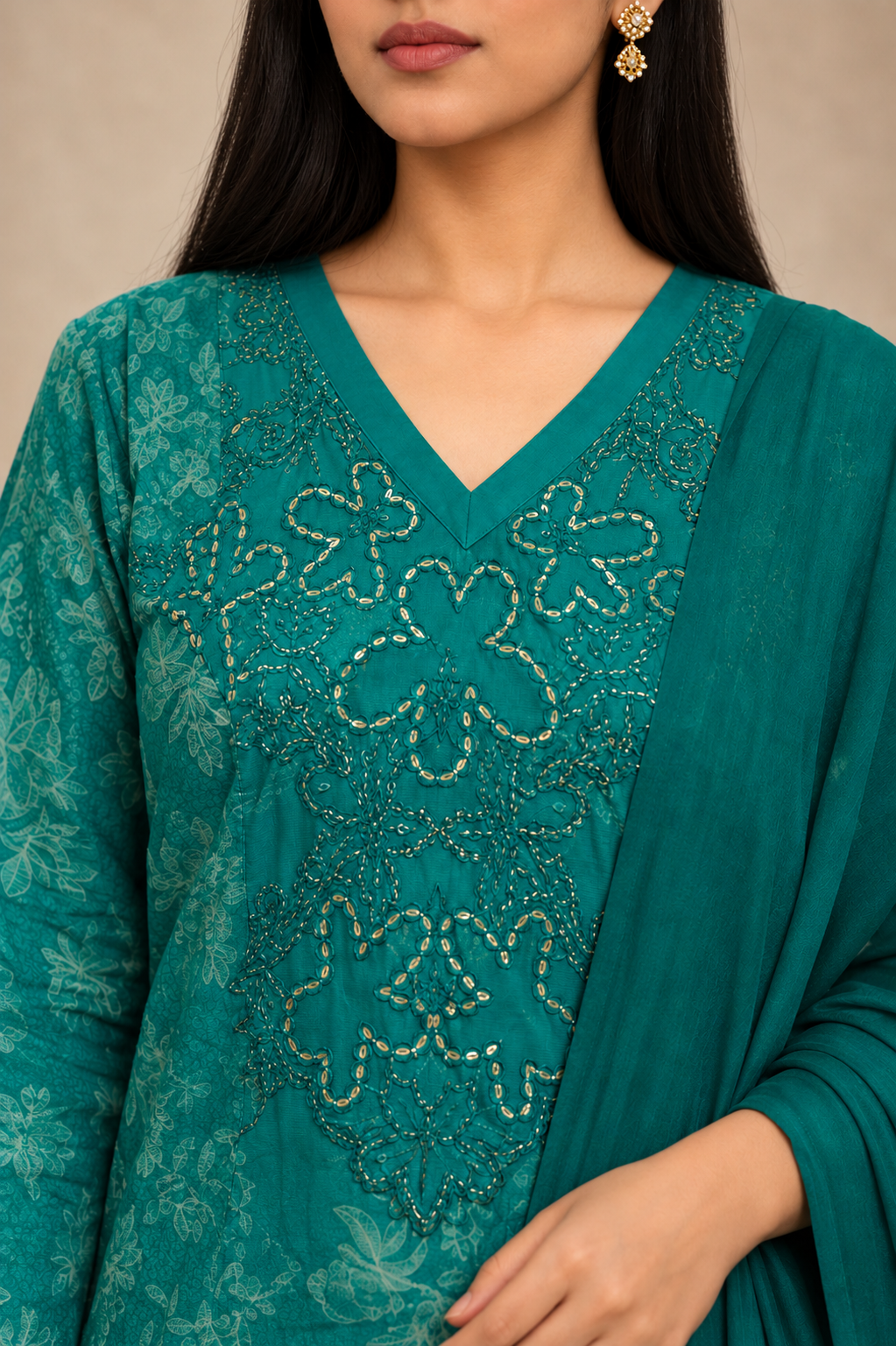 Teal green cotton kurta pant set with lightweight chiffon dupatta - Image 7