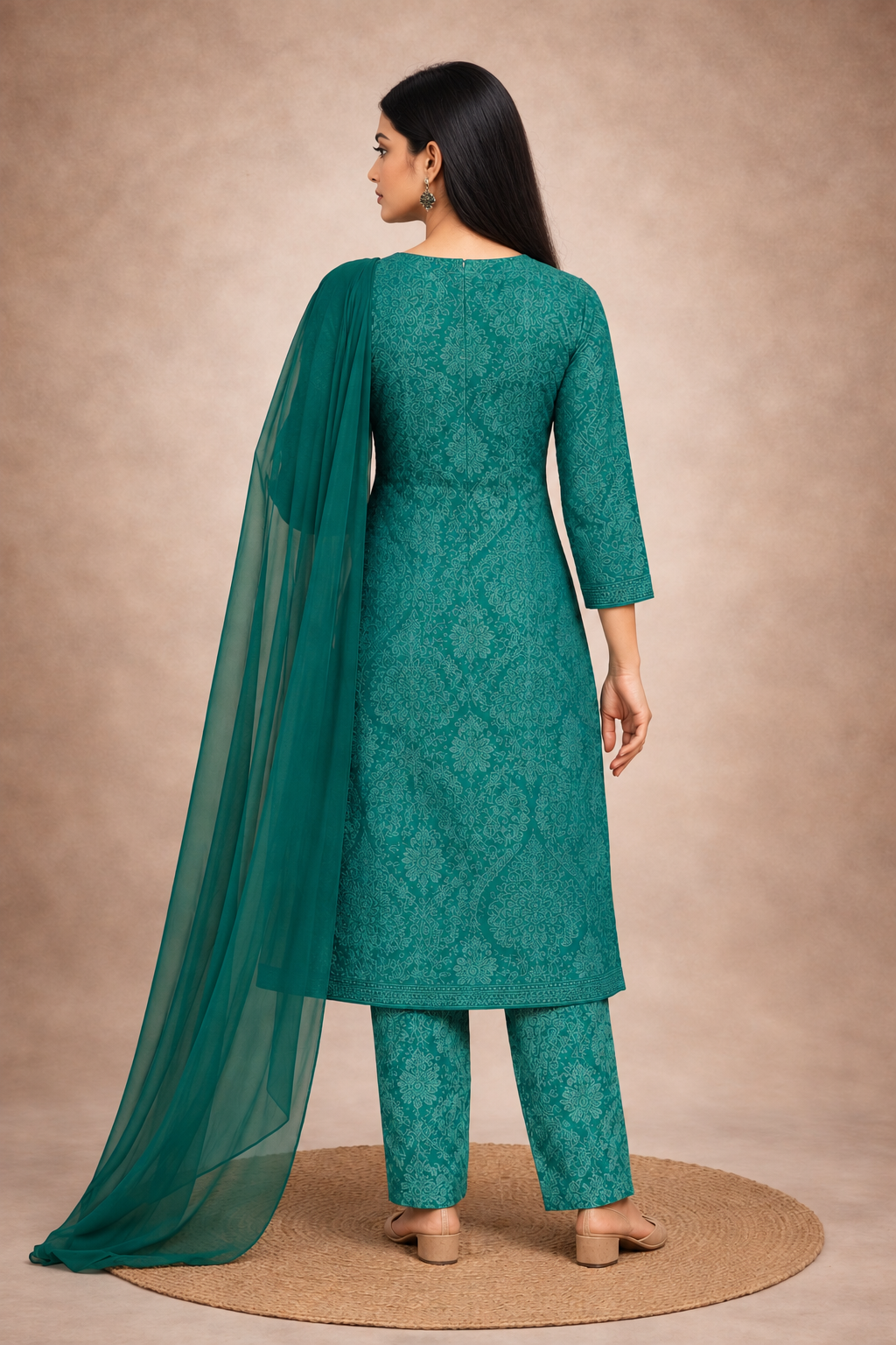 Teal green cotton kurta pant set with lightweight chiffon dupatta - Image 8