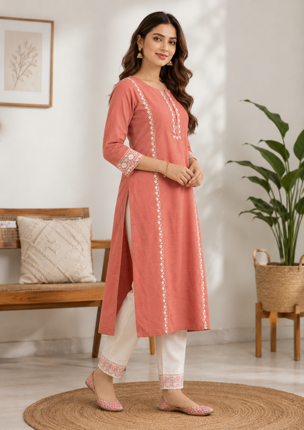 Peach cotton aari embroidered kurta with white cotton pant set - Image 5