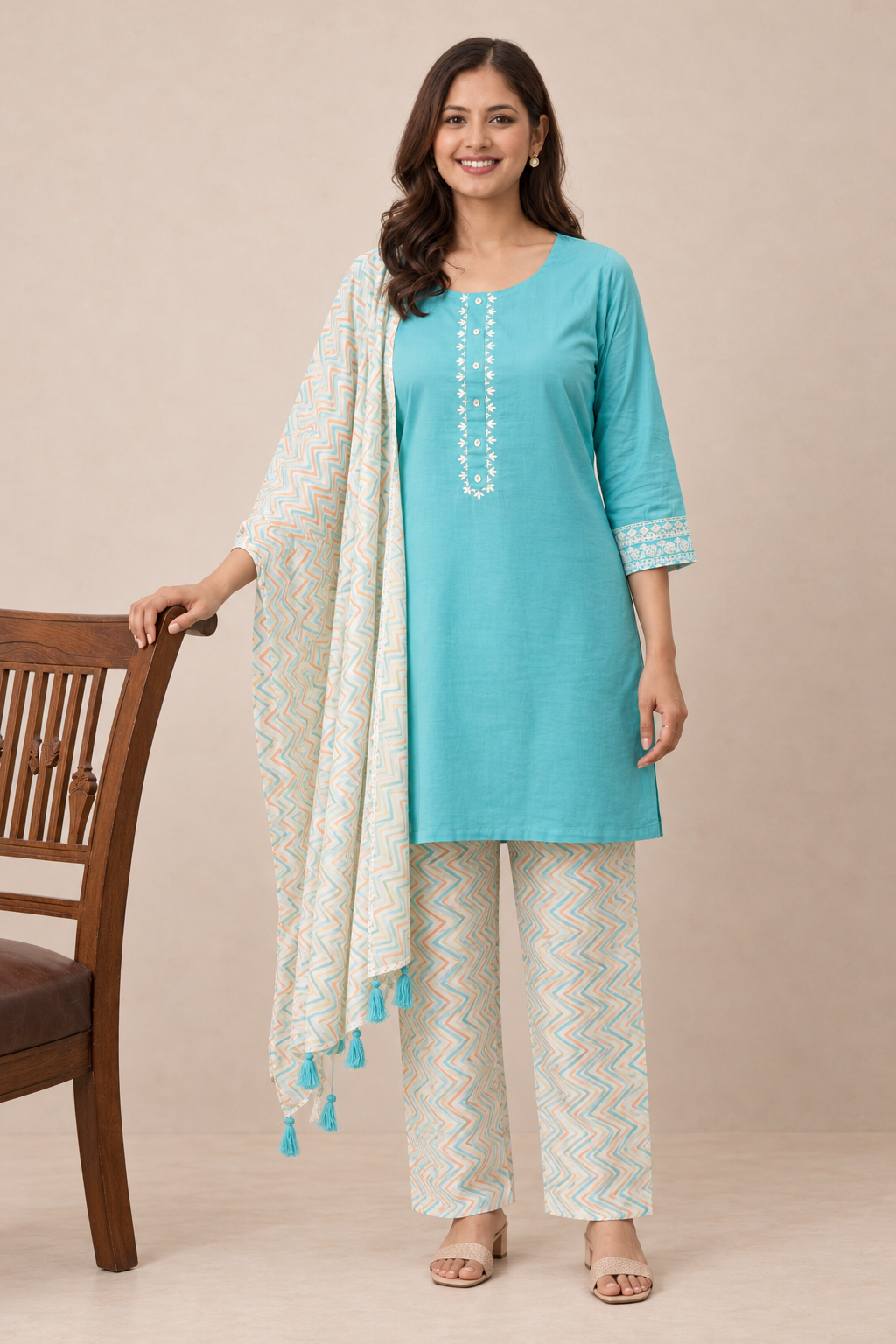Sea green cotton kurta set with printed dupatta - Image 4