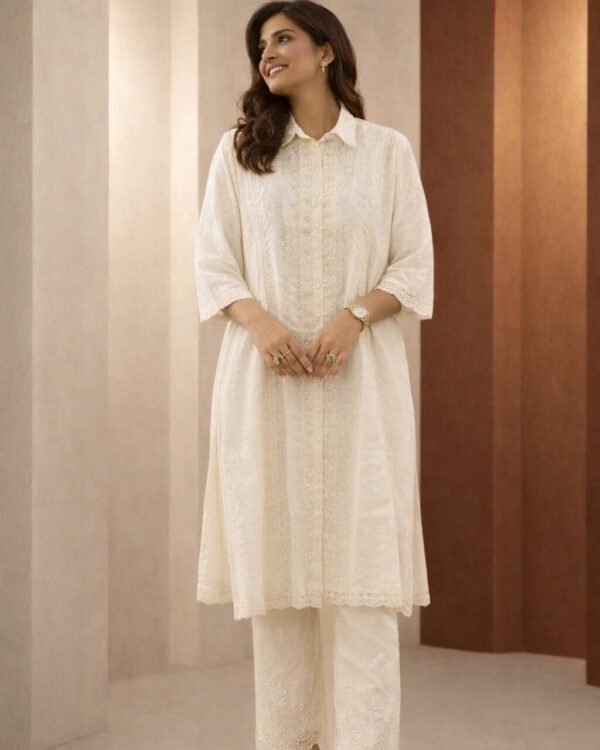 ivory collar neck schiffli kurta pant set