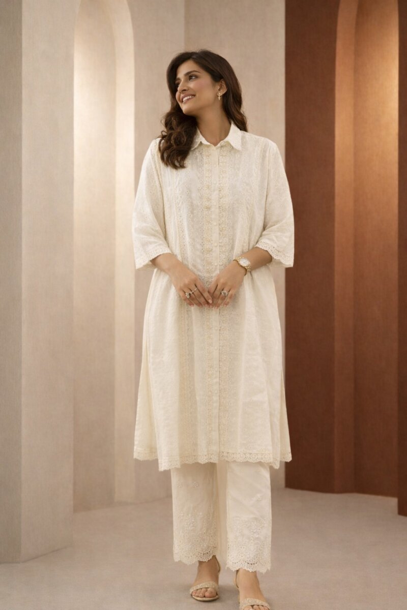 ivory collar neck schiffli kurta pant set