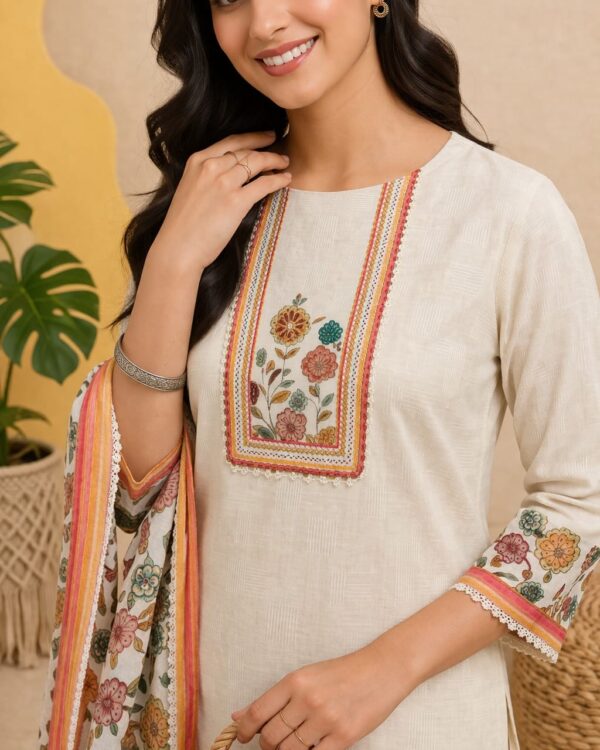 unstitched cotton cream floral printed suit set with dupatta