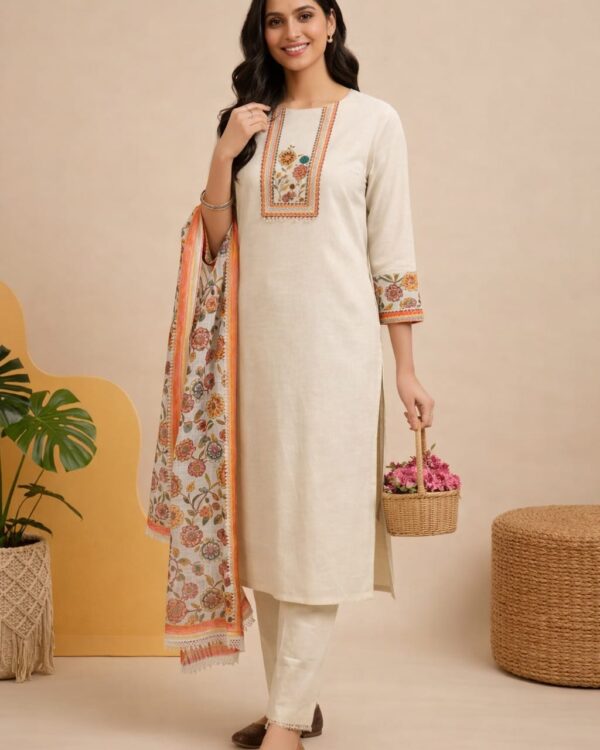 unstitched cotton cream floral printed suit set with dupatta