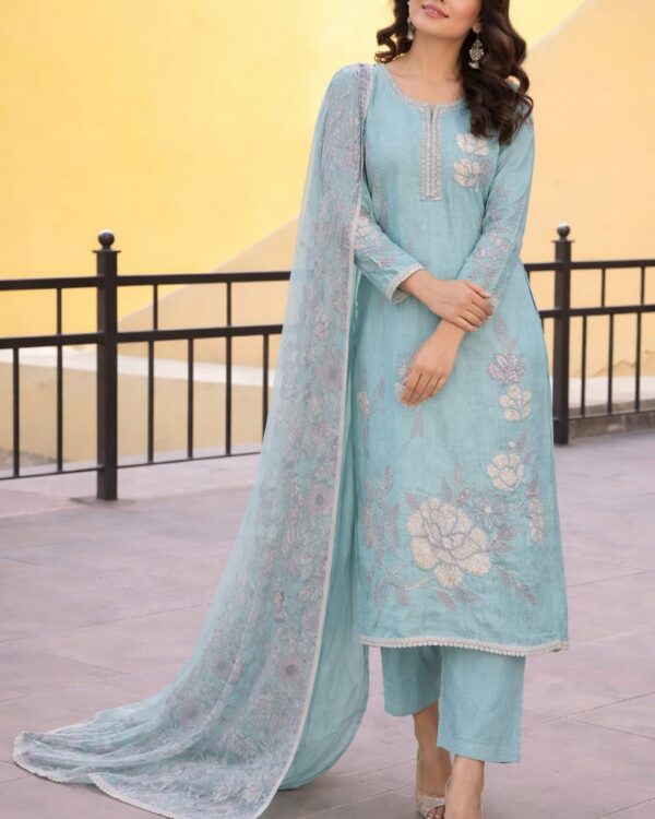 unstitched aqua green embroidered cotton slub suit set with dupatta
